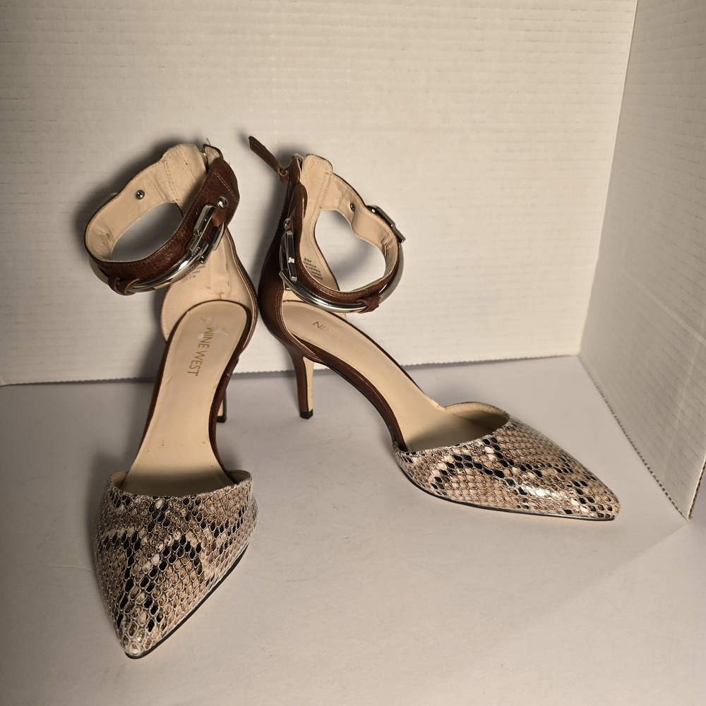 Nine West Womens Snakeskin Print Ankle Strap Buckle Pumps Brown Size 6M Heel